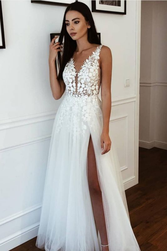V-neck Side Slit Tulle Straps Appliques A-line Wedding Dress