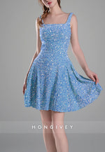 Square Neck Sequined A-Line Regular Straps Short Homecoming Dress