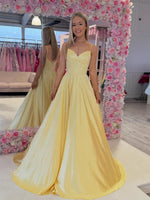 Yellow Beaded Corset Satin Long Prom Dress