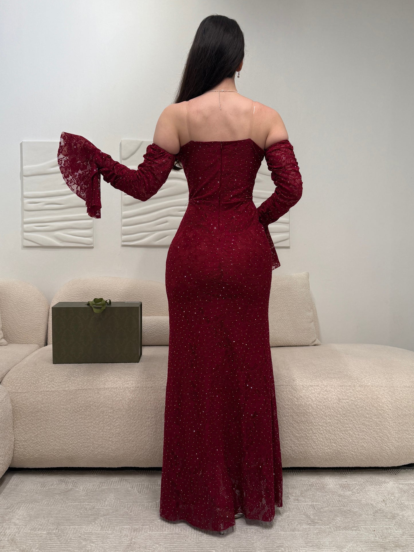 Red Off the Shoulder Long Sleeve Mermaid Ruched Side Slit Evening Dress