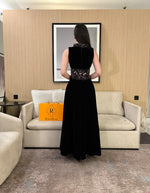 Black High Neck Sleeveless Floral Print Beaded A-Line Evening Dress Foraml Women