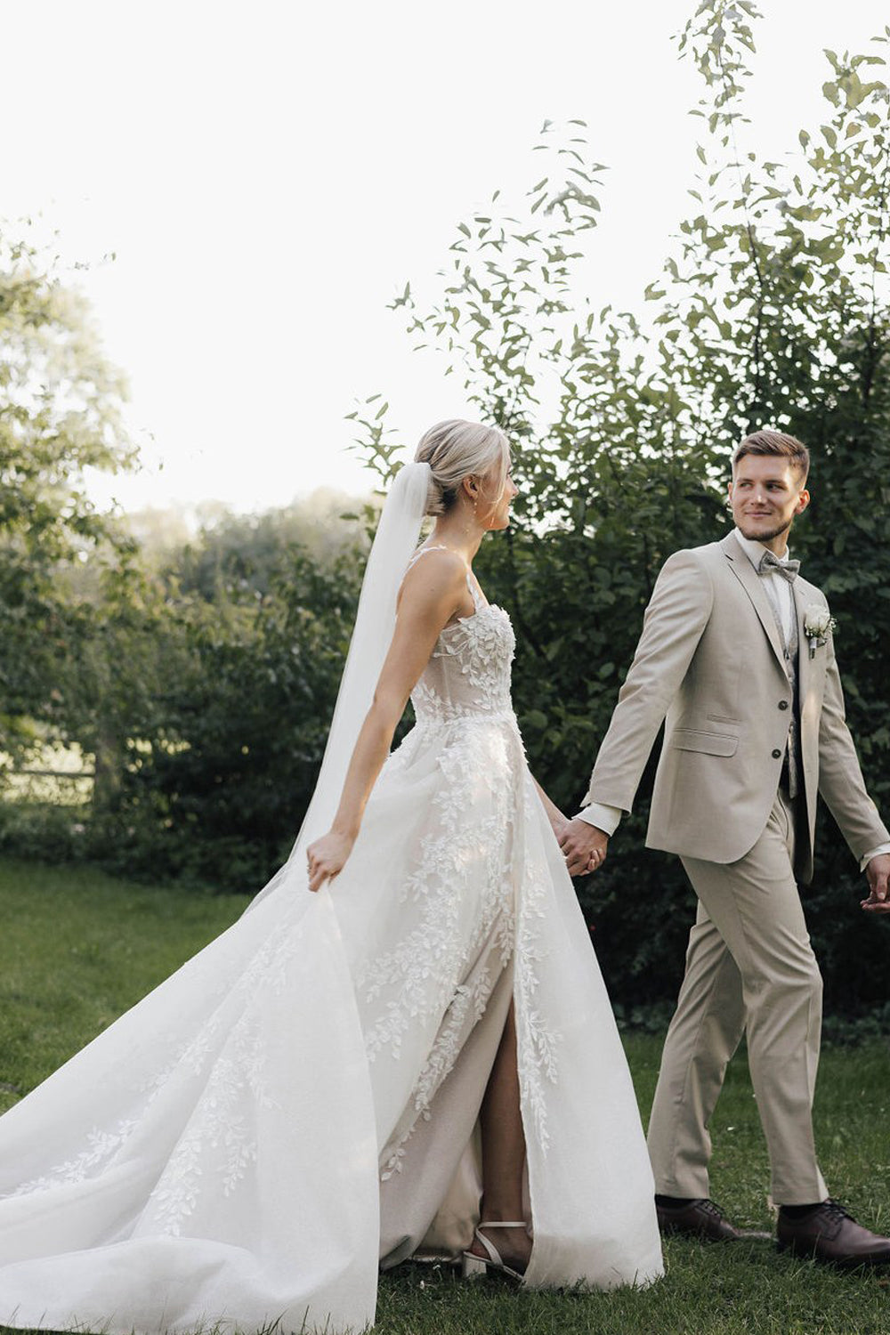 A Line Boat Neck Satin Long Wedding Dress with Appliques