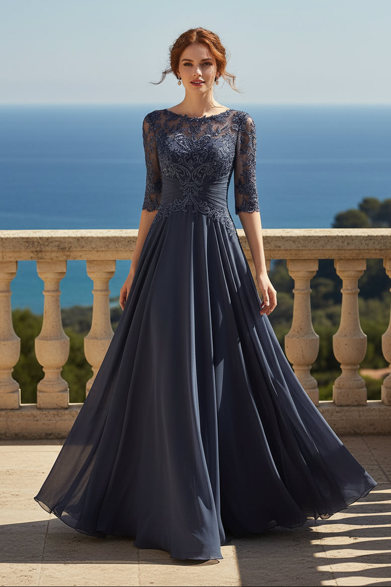 Solid Bateau Lace Applique Long A-Line Mother of the Bride/Groom Dress