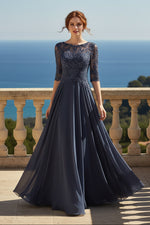 Solid Bateau Lace Applique Long A-Line Mother of the Bride/Groom Dress