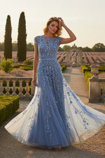 Blue Floral Embellished Cap Sleeve Evening Dress