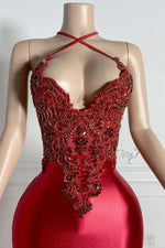 Burgundy Halter Sleeveless Mermaid Evening Dress With Crystals