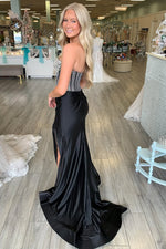 Elegant Mermaid Sweetheart Black Satin Long Prom Dress with Beading VK25010205