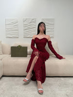 Red Off the Shoulder Long Sleeve Mermaid Ruched Side Slit Evening Dress