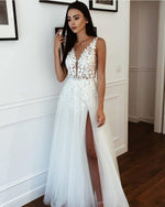 V-neck Side Slit Tulle Straps Appliques A-line Wedding Dress