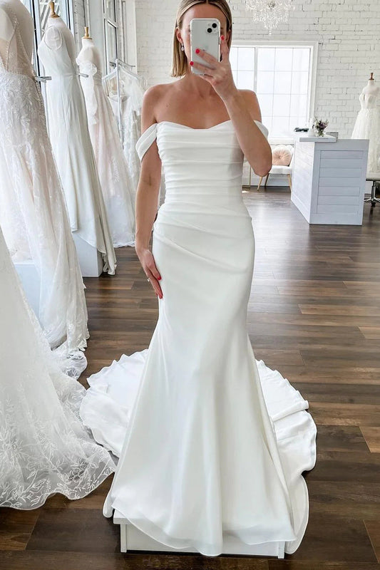Elegant Mermaid Off the Shoulder Elastic Satin Long Wedding Dresses