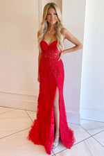 Elegant Mermaid Strapless Prom Dress with Lace Appliques and Slit
