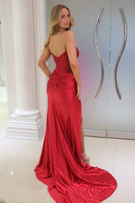 Gorgeous Mermaid Scoop Neck Red Satin Slit Prom Dress with Hot Stone