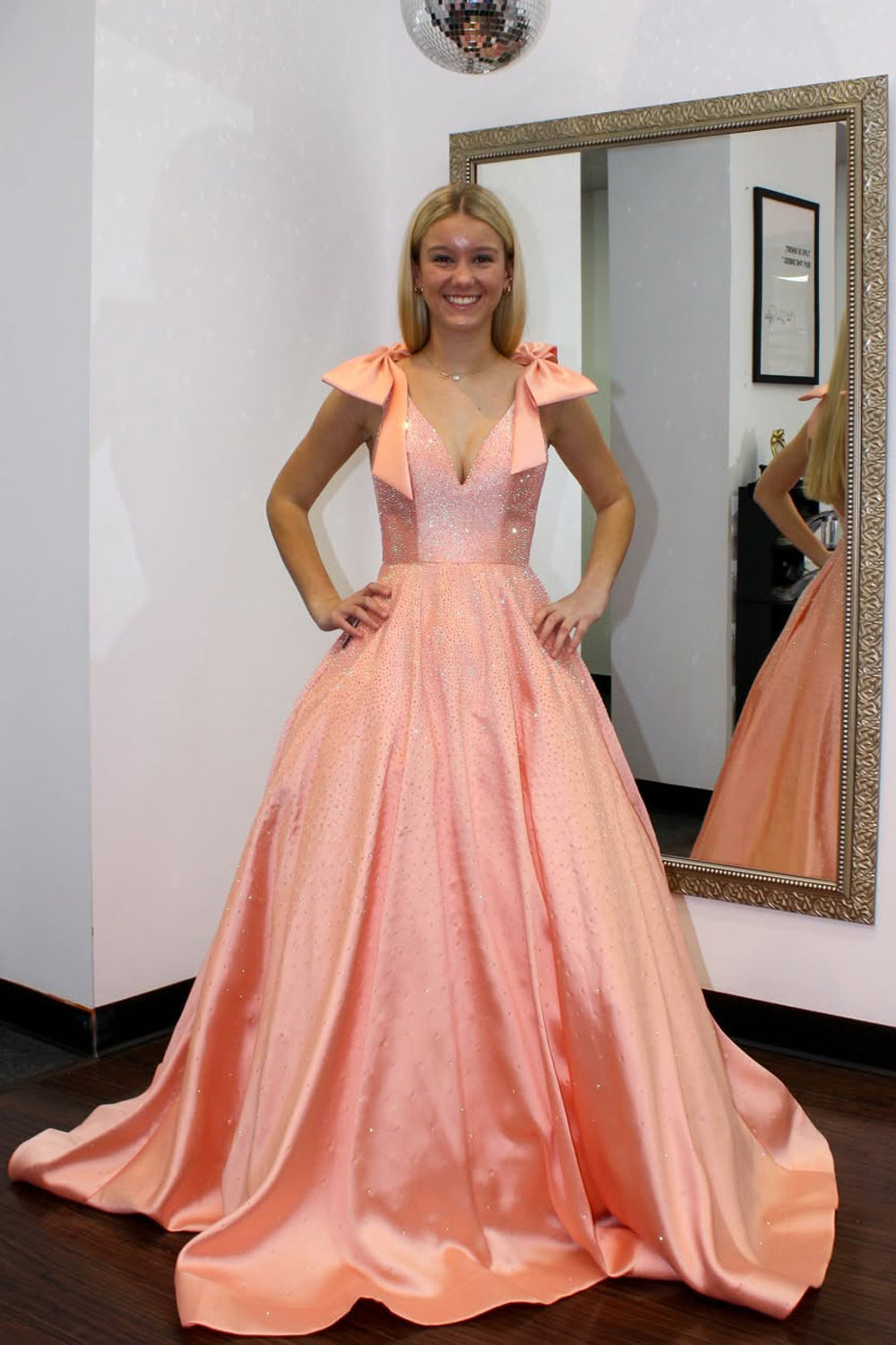 Glitter A Line V Neck Orange Satin Prom Dress with Hot Fix