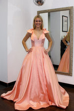 Glitter A Line V Neck Orange Satin Prom Dress with Hot Fix