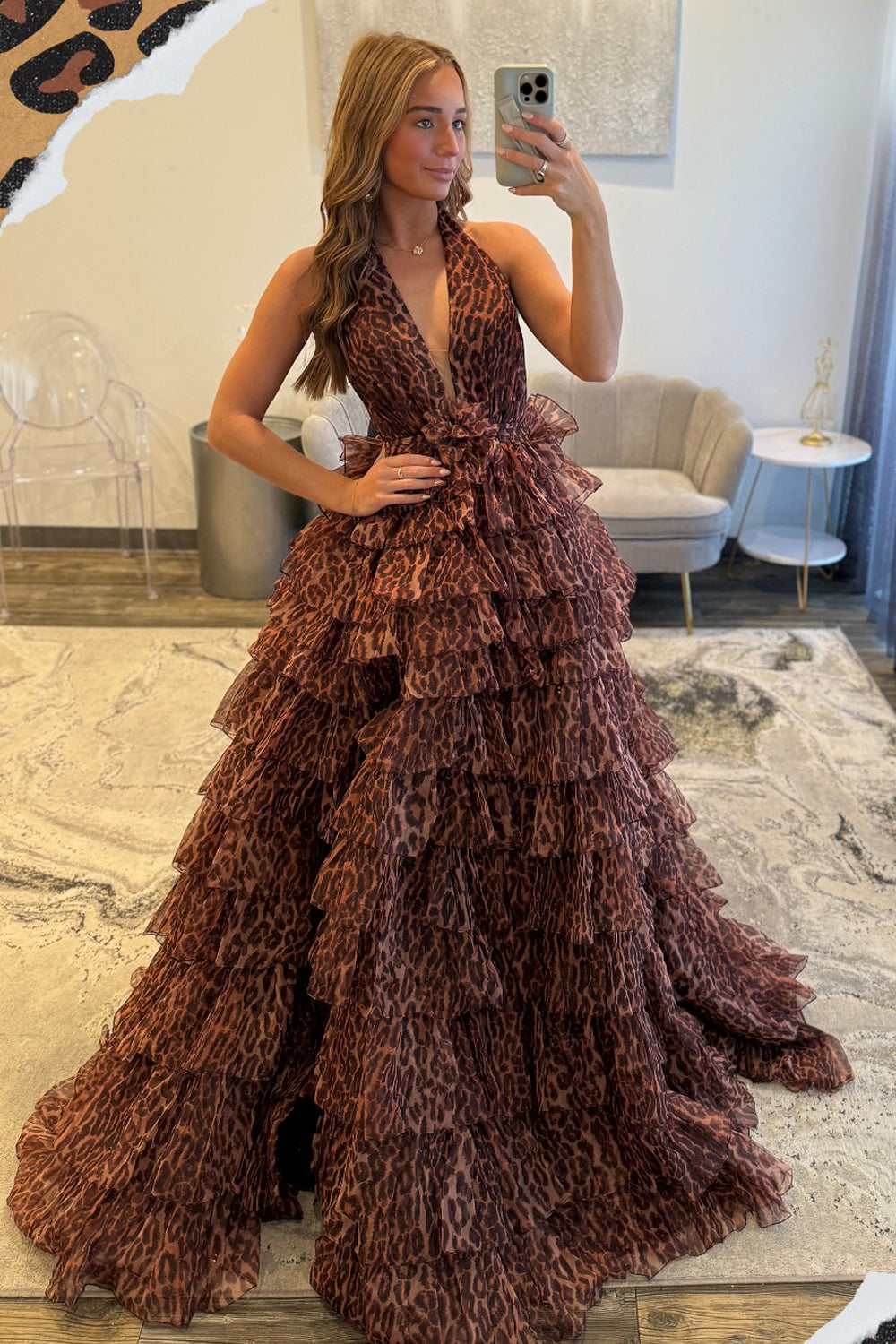 Gorgeous A Line V Neck Leopard Print Chiffon Tiered Prom Dress