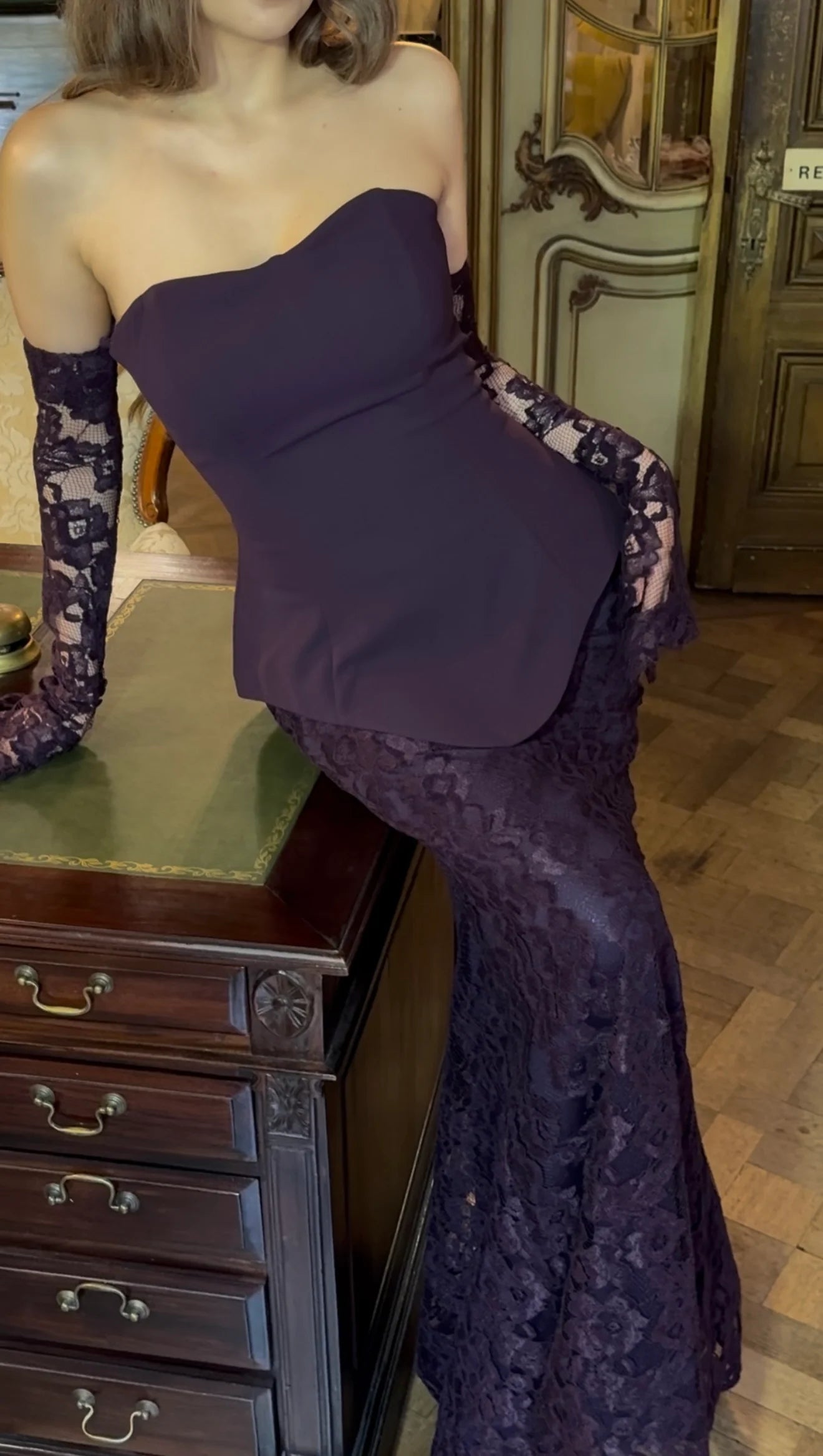 Strapless Lace Detachable Long Sleeve Mermiad Women Evening Dress