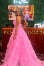 Cute A Line Strapless Pink Tulle Long Prom Dress