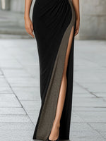 High-Neck Metallic Thread Knit Slit Maxi Dress