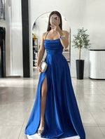 Blue Halte Sleeveless A-Line Side Slit Backless Lace-UP Prom Dress