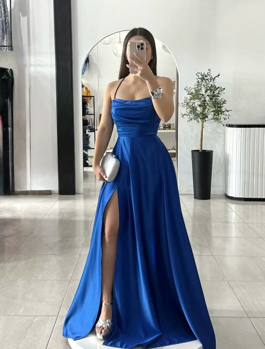 Blue Halte Sleeveless A-Line Side Slit Backless Lace-UP Prom Dress