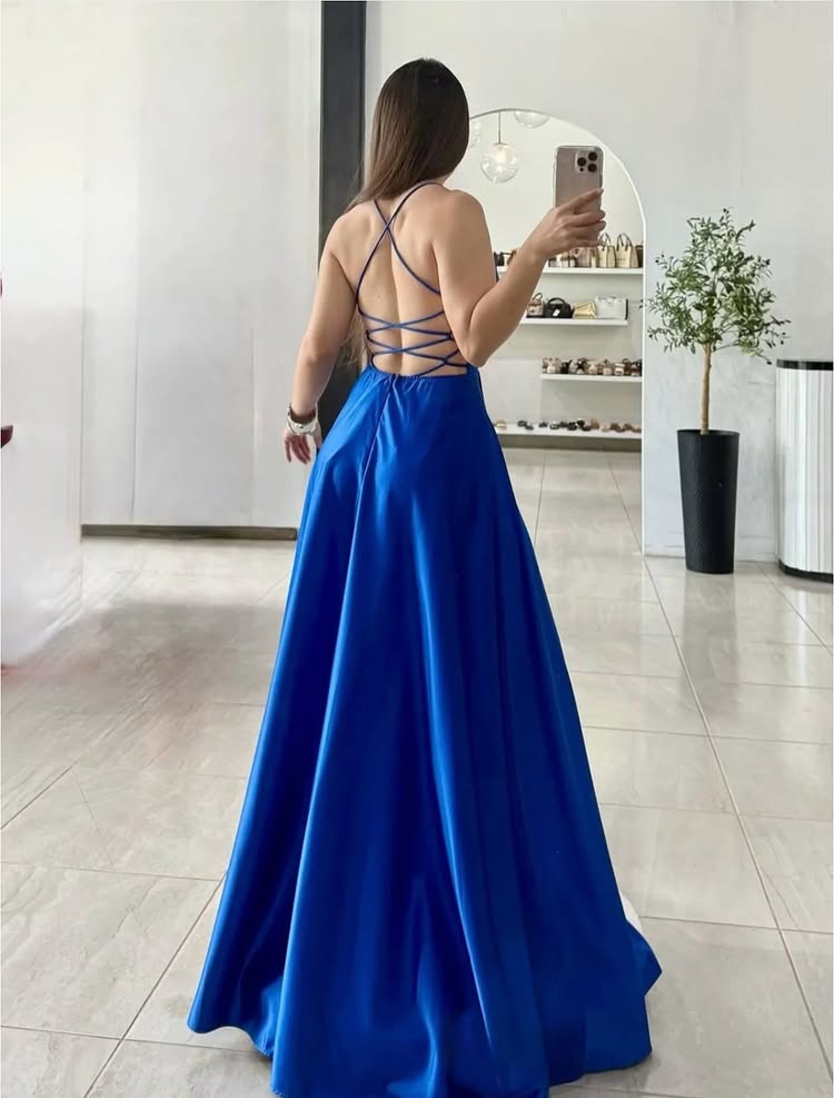 Blue Halte Sleeveless A-Line Side Slit Backless Lace-UP Prom Dress