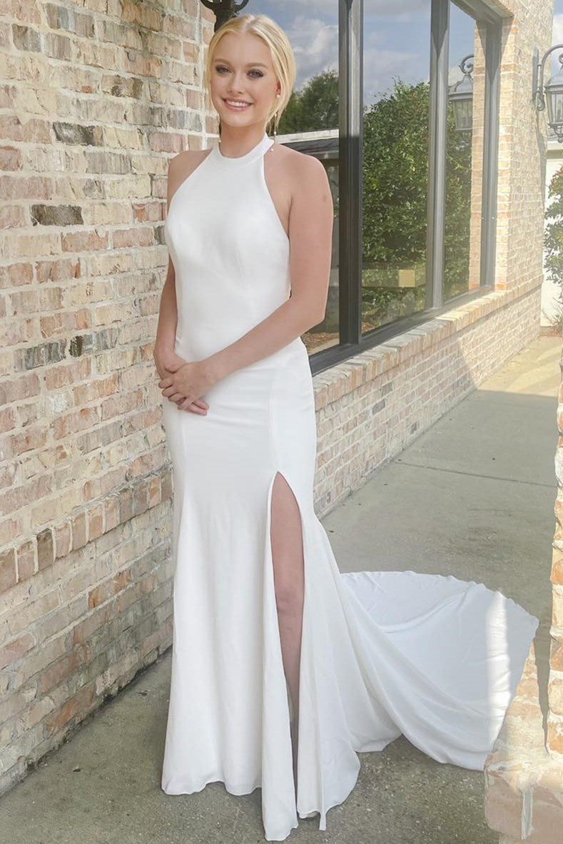 White Halter Mermaid Long Wedding Dress with Slit