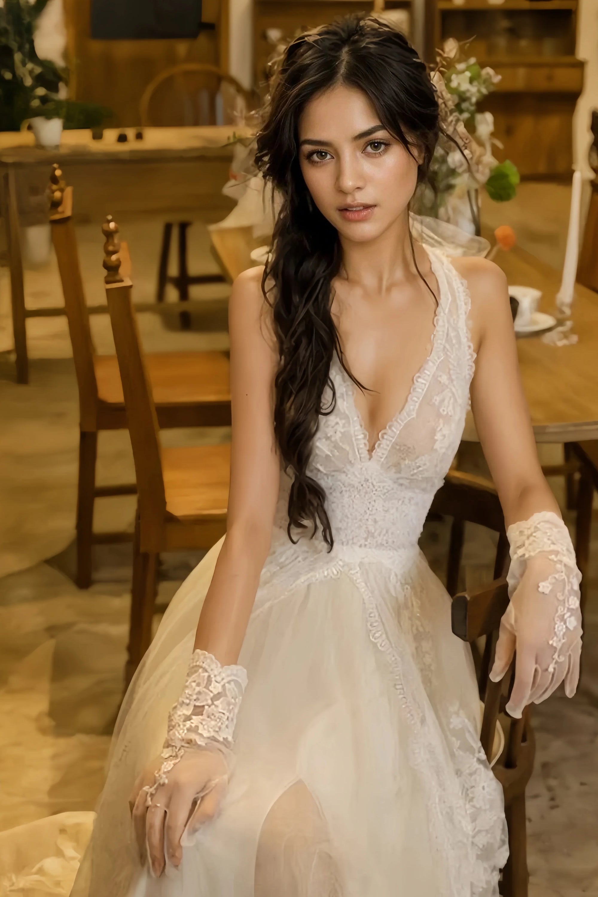 A Line Appliques Backless V Neck Tulle Wedding Dress With Slit