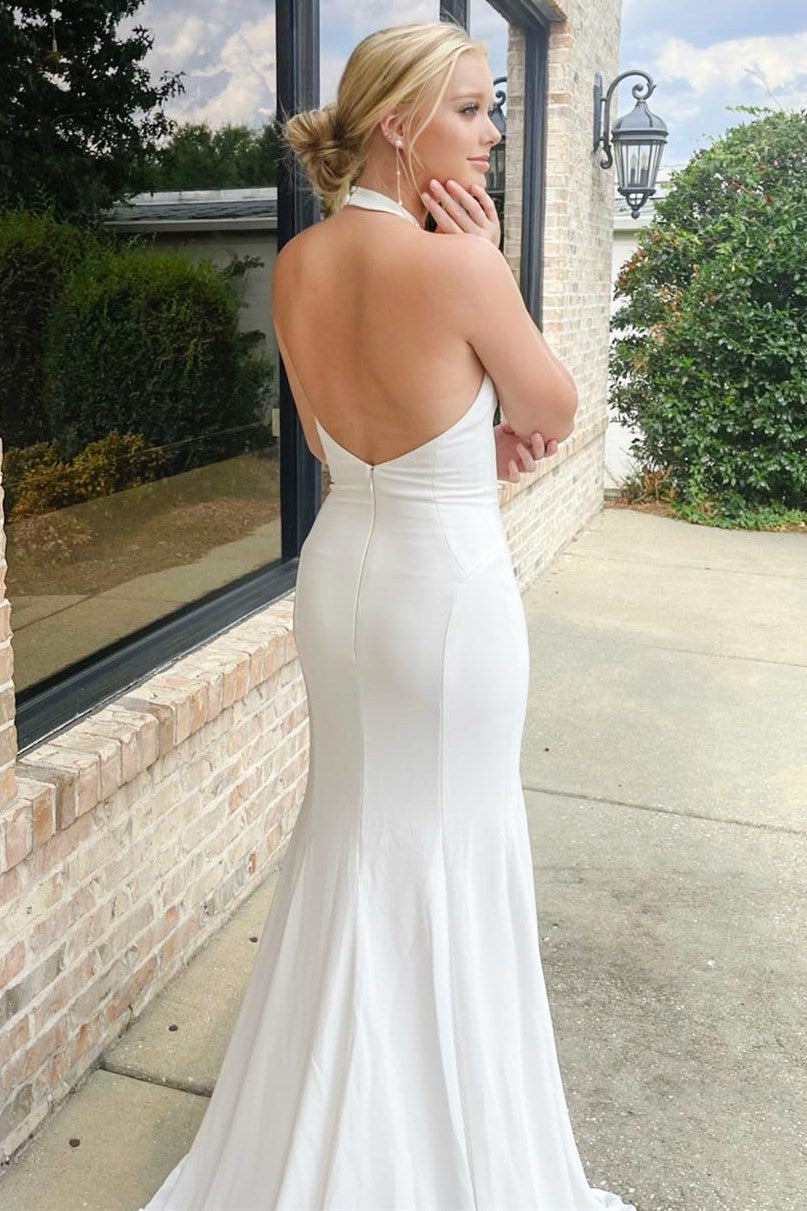 White Halter Mermaid Long Wedding Dress with Slit