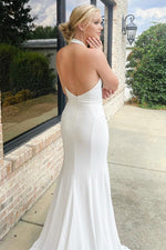 White Halter Mermaid Long Wedding Dress with Slit