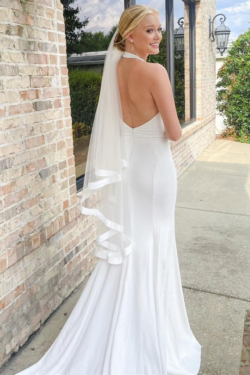 White Halter Mermaid Long Wedding Dress with Slit