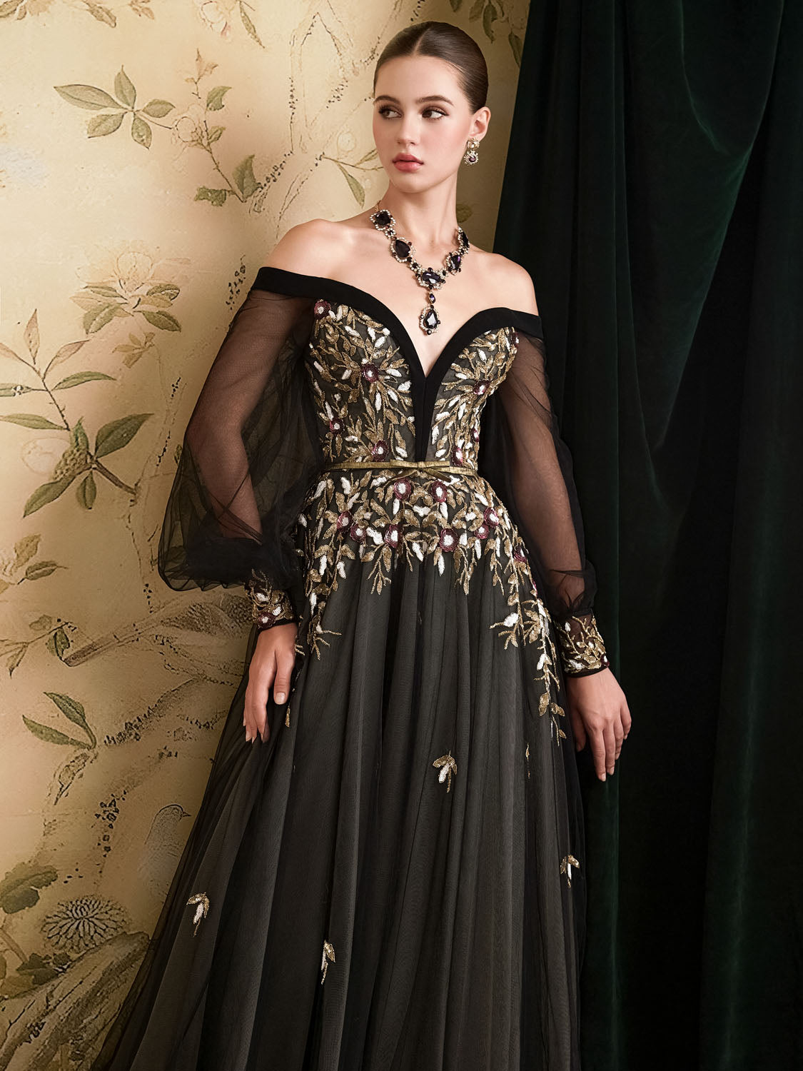 Sequins Sparkle Applique Off the Shoulder Long Sleeve Tulle A-Line Evening Dress