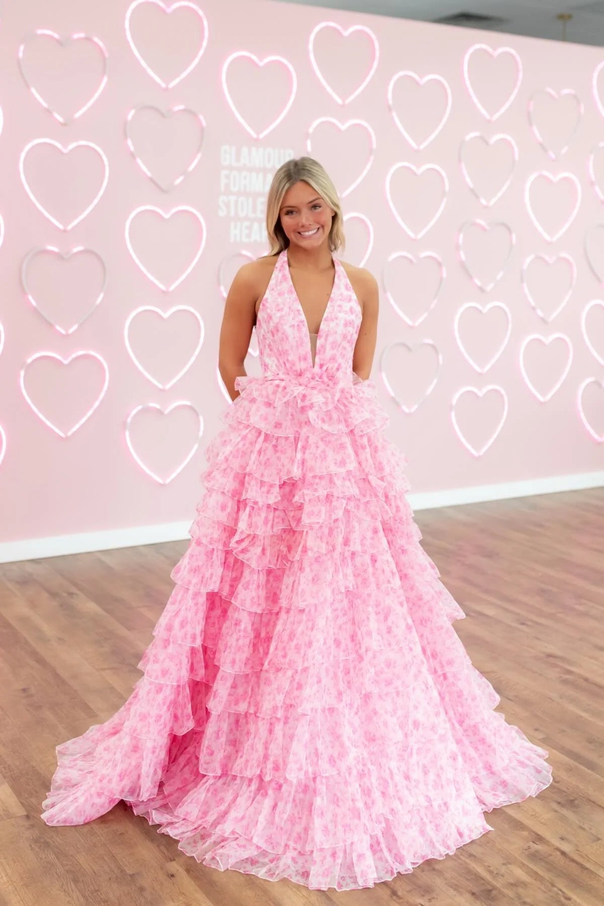 Pink Floral Prin Halter Sleeveless A-Line Tassel Floor-Length Prom Dress