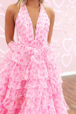 Pink Floral Prin Halter Sleeveless A-Line Tassel Floor-Length Prom Dress