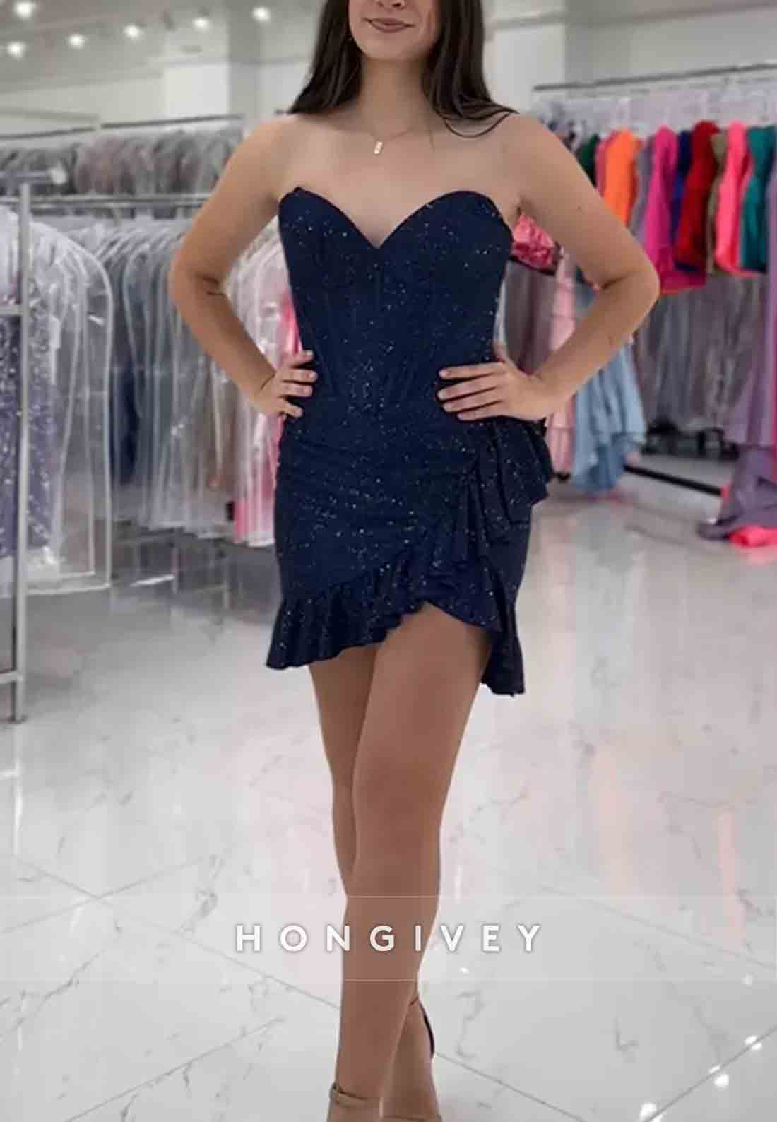 Sparkly Sheath Sweetheart Hot Strapless Short Homecoming Dress with Beading