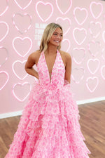 Pink Floral Prin Halter Sleeveless A-Line Tassel Floor-Length Prom Dress