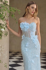Fashion Blue Sweetheart Beaded Sparkle Sleeveless Mermiad Flowers Ankle-Length Prom Dress