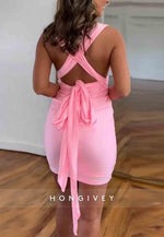 Low V-Neck Mini Sheath Tie Back Sleeveless Homecoming Dresses with Bowknot