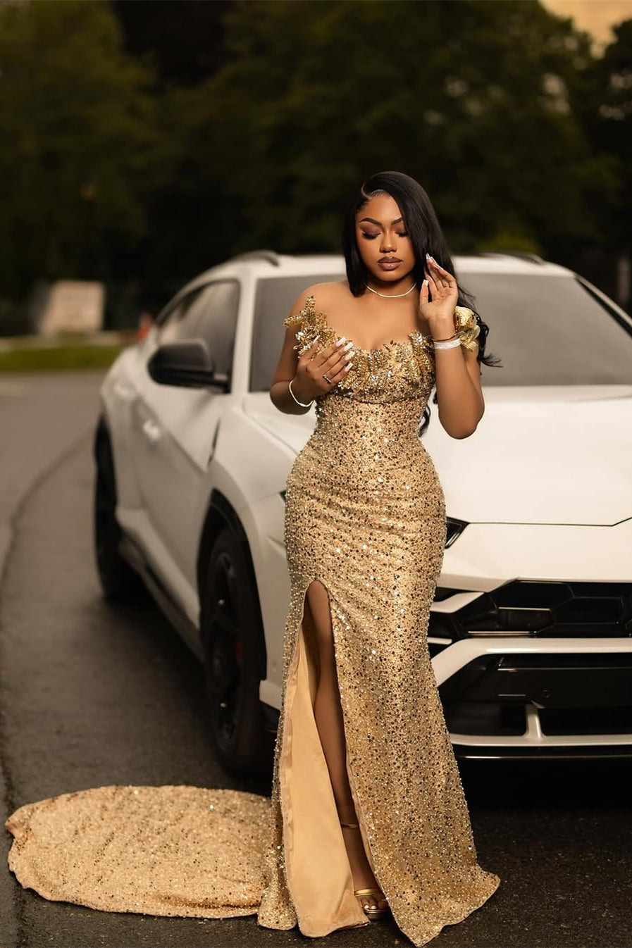 Modern Strapless Champagne Gold Prom Dress Mermaid Sequins Long With Split Crystals