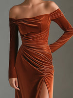Rust Brown Off-Shoulder Velvet Ruched Evening Dress With High Slit
