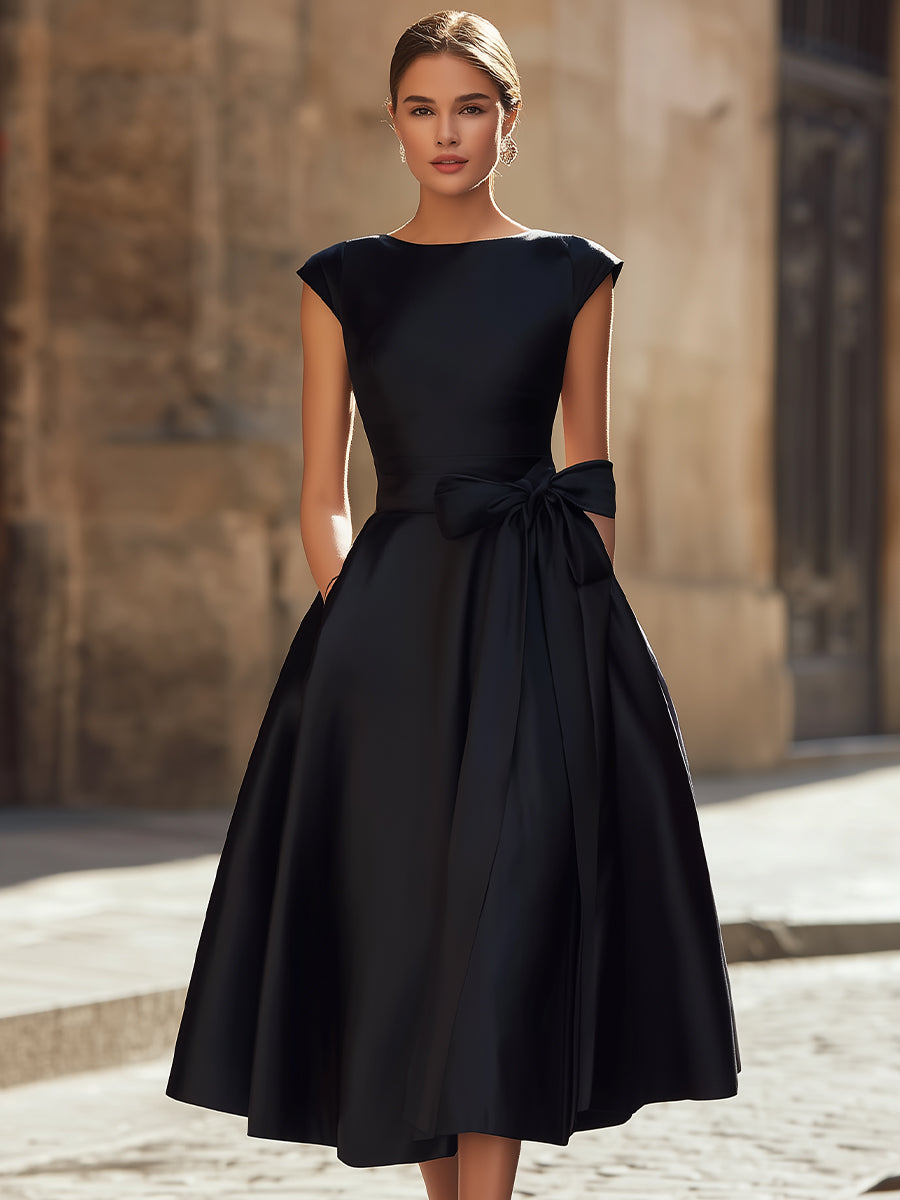 Elegance Boat-Neck A-Line Midi Wedding guest Dress With Oversized Side Bow