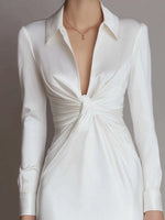 White Long-Sleeve Twist-Front Shirt Evening Dress