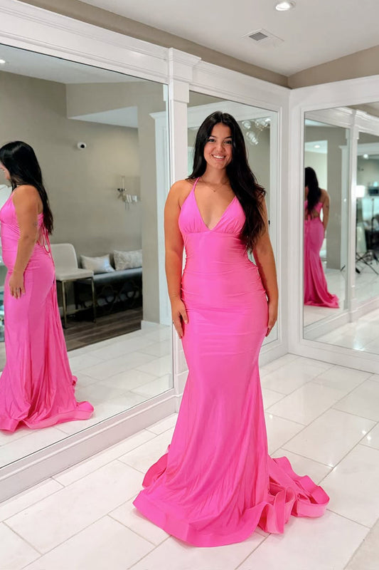 Elegant Mermaid V Neck Fuchsia Pink Satin Prom Dress