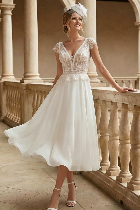 A-Line V-Neck Sleeveless Tea-Length Chiffon/Lace Wedding Dresses