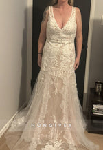 Regular Straps Low V-Neck Lace Court Train Trumpet Wedding Dresses