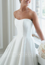 Simple A-Line Satin Strapless Chapel Train Pleated Wedding Dresses