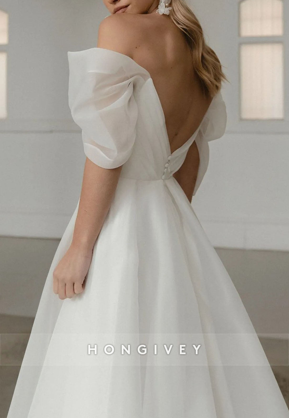 Off the Shoulder V Back A-Line Pleated Chapel Train Wedding Dresses with High Slit