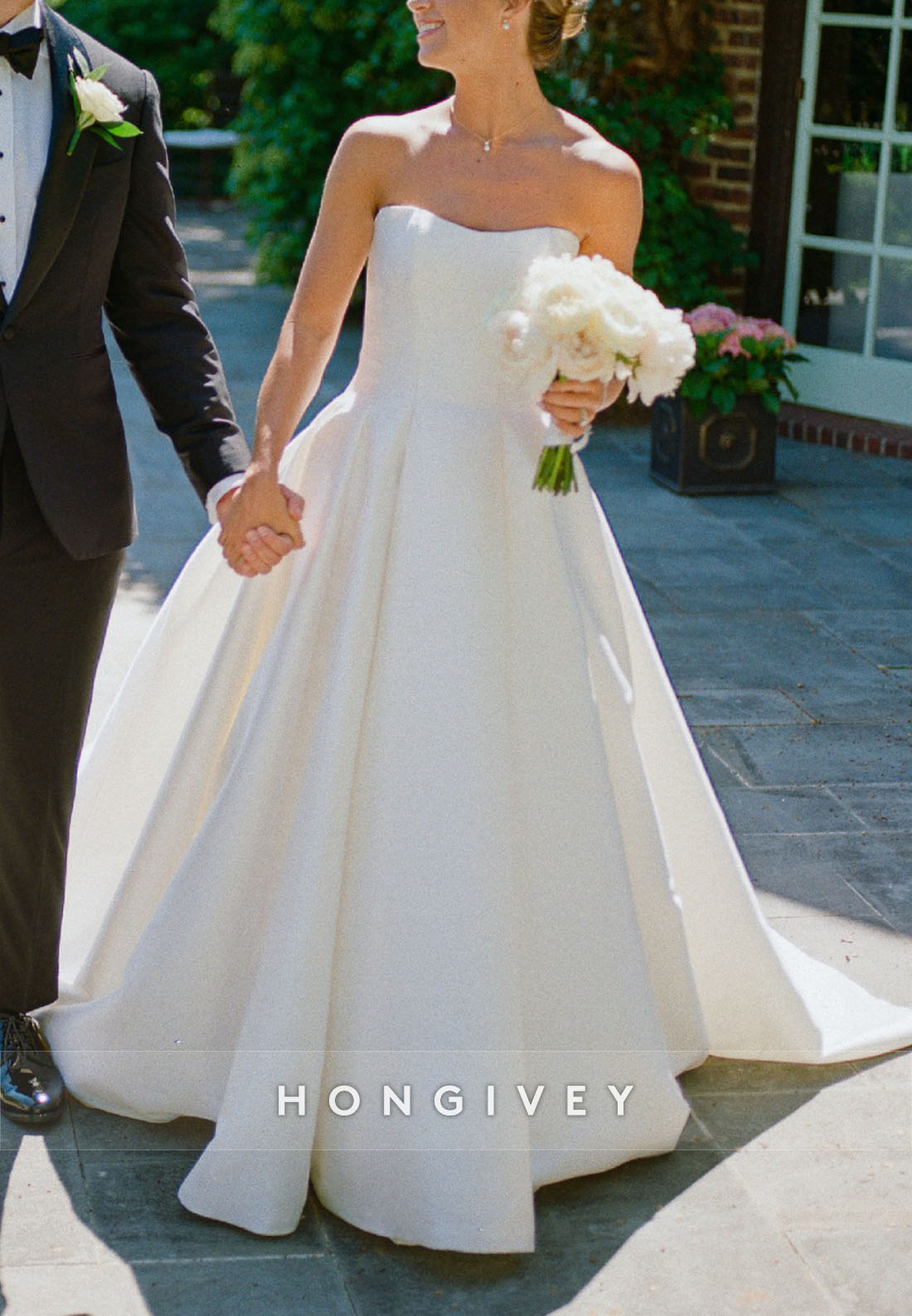 Simple A-Line Satin Strapless Chapel Train Pleated Wedding Dresses