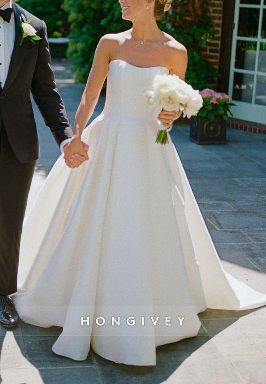 Simple A-Line Satin Strapless Chapel Train Pleated Wedding Dresses