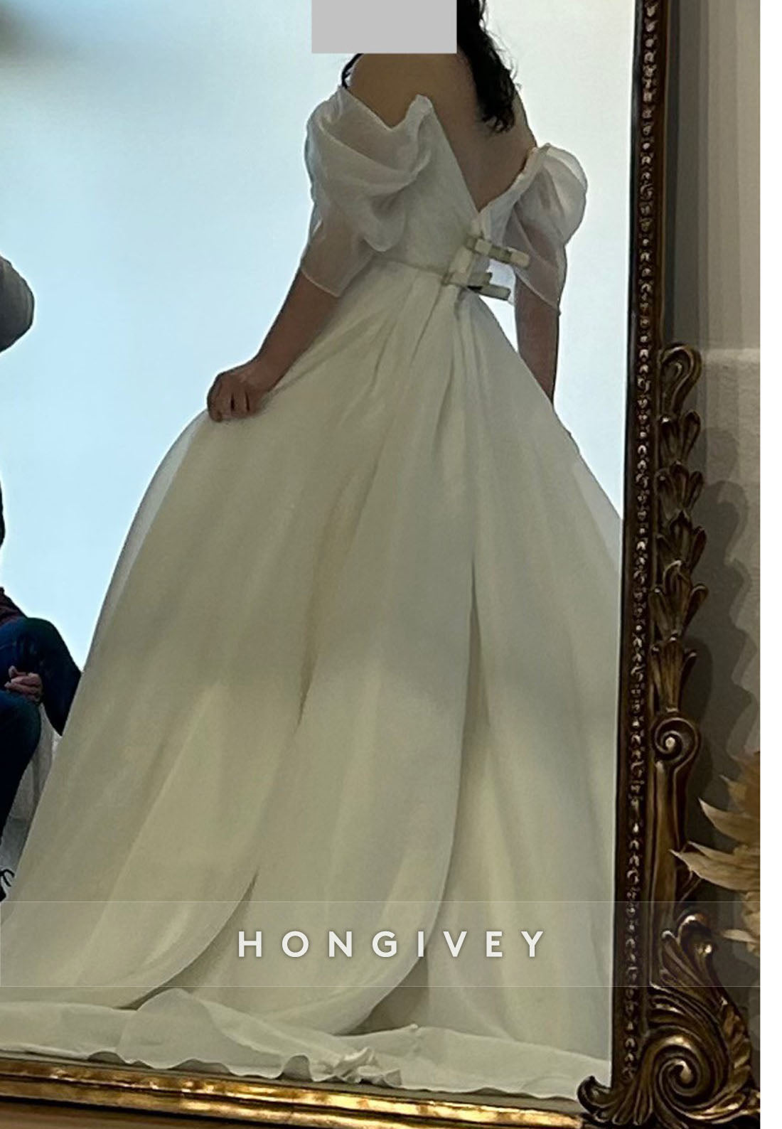 Off the Shoulder V Back A-Line Pleated Chapel Train Wedding Dresses with High Slit