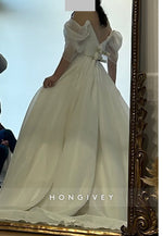 Off the Shoulder V Back A-Line Pleated Chapel Train Wedding Dresses with High Slit